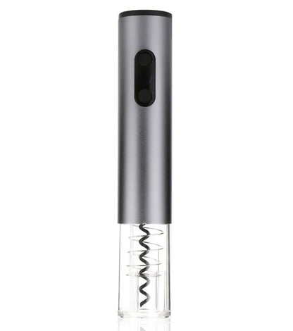 Silver electric wine bottle opener with integrated foil cutter on kitchen counter