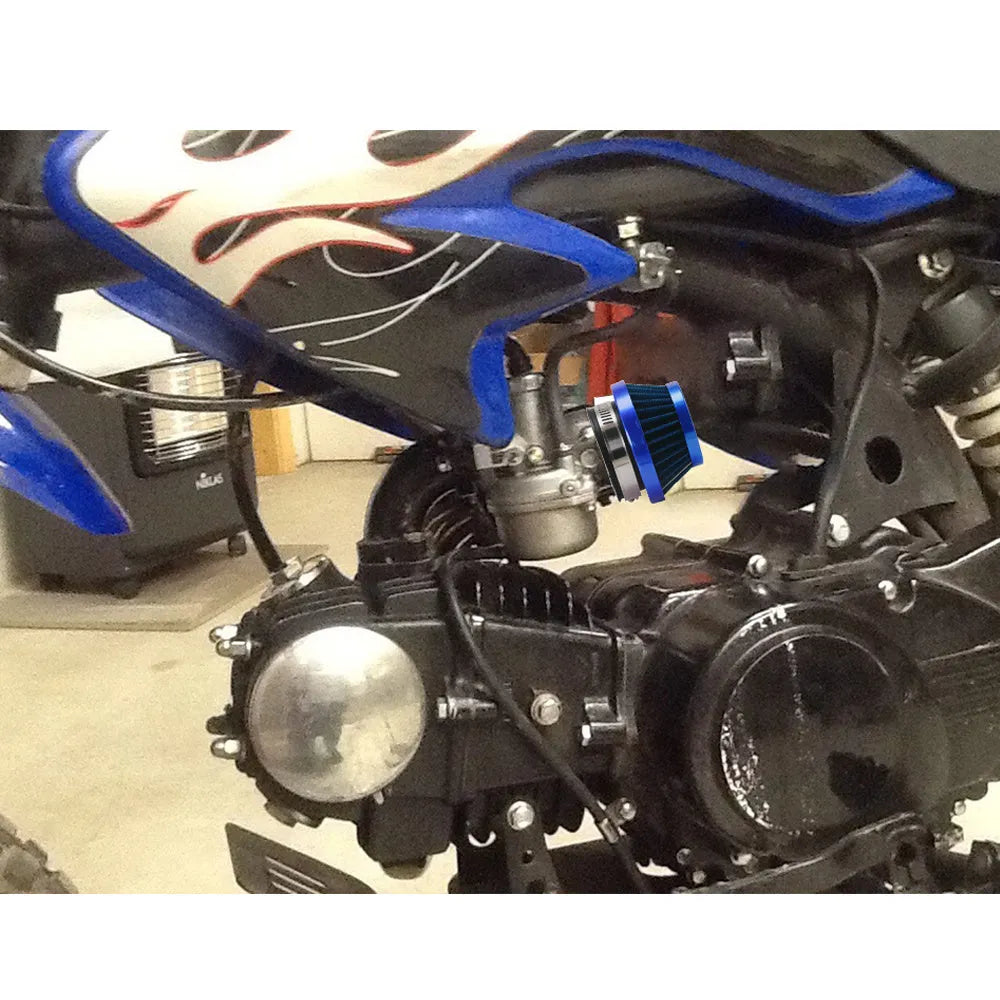 Universal motorcycle air filter E-DGT in 48mm, 55mm, and 60mm sizes, available in black, blue, and red