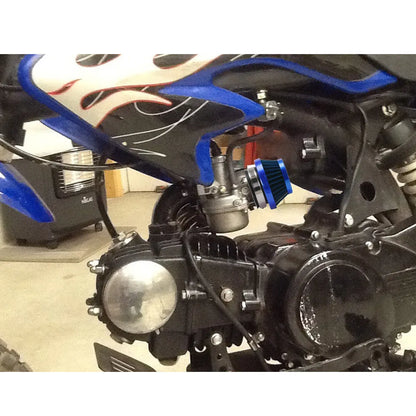 Universal motorcycle air filter E-DGT in 48mm, 55mm, and 60mm sizes, available in black, blue, and red