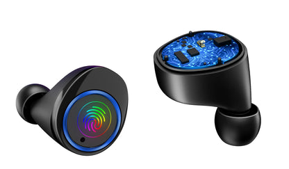 Black X11 true wireless Bluetooth earbuds with touch controls and a matching charging case.