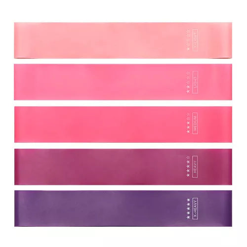 Yoga tension band set in five colours with varying resistance levels for fitness and Pilates