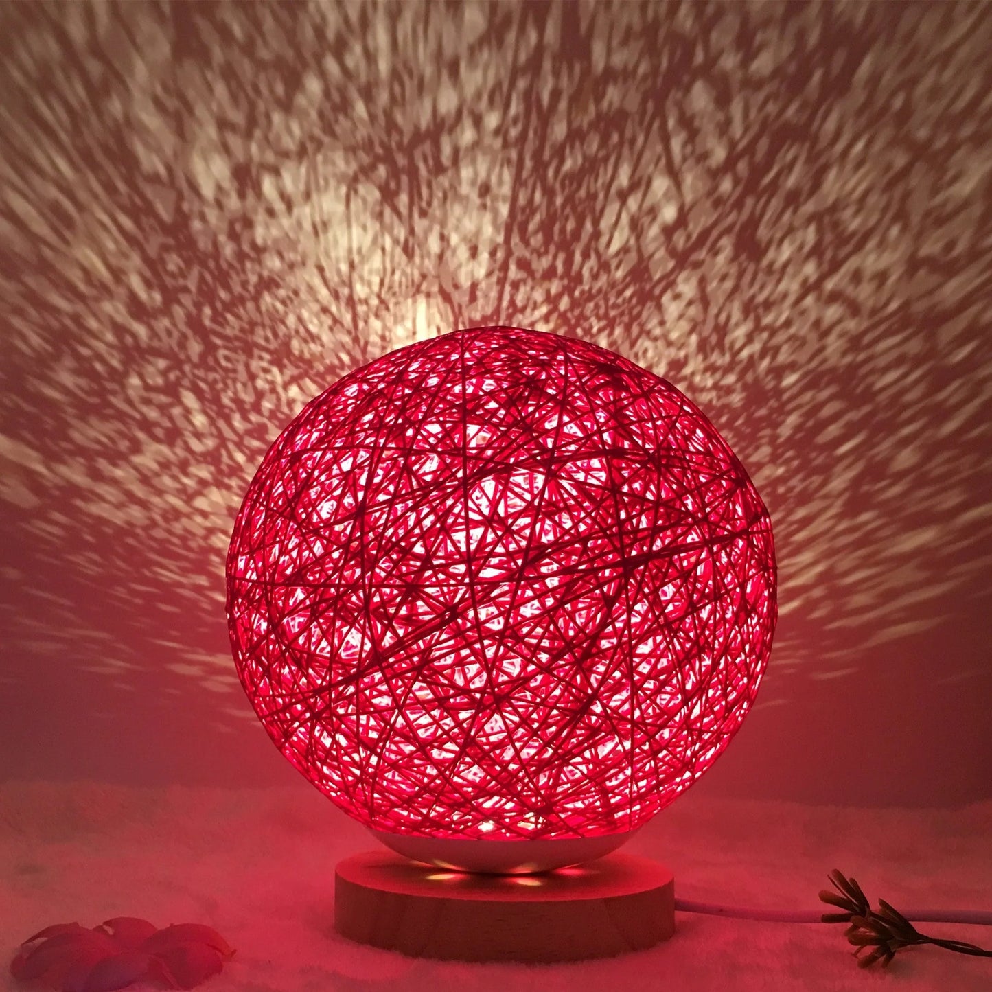 LED rattan table lamp with hand-knit linen shade in various colours