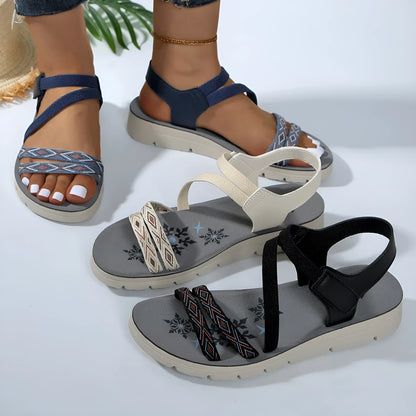 Women's non-slip printed flat sandals with hollow out PU upper, round toe, sizes 36 to 41, Beige Black Dark Blue