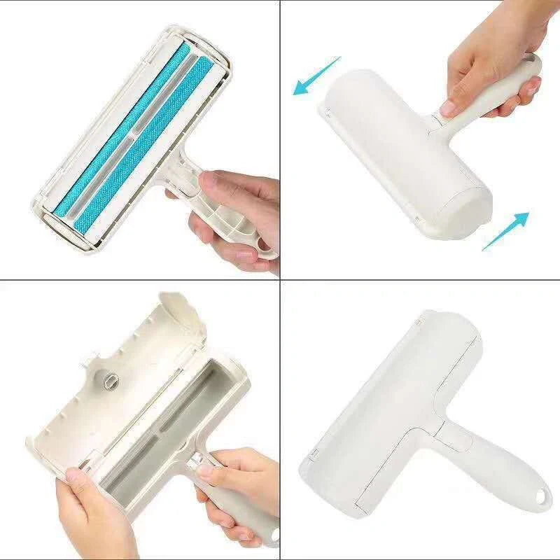 Efficient pet hair remover tool in red and blue for furniture and carpets