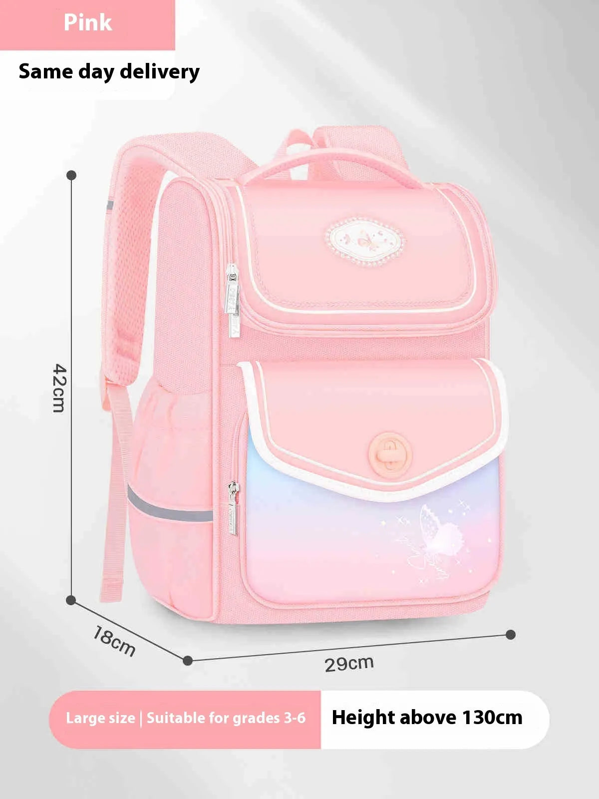 Pink girls school backpack with wide padded straps on a wooden bench, books and lunch bag inside.