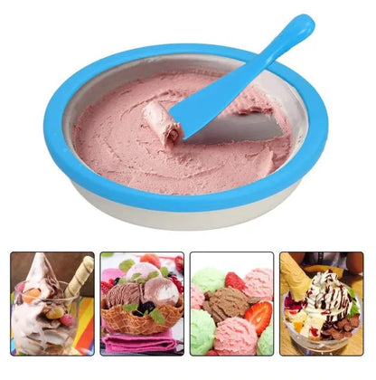 Blue manual fried yogurt ice cream maker with ice tray and serving shovels
