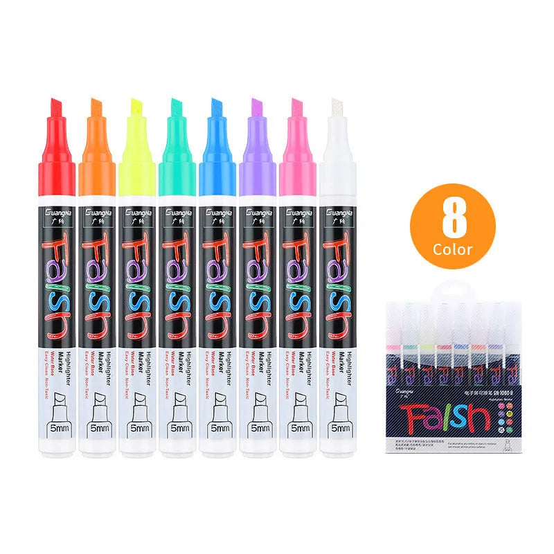8-colour electronic fluorescent plate 6mm highlighter with oblique shape and pressure valve design for whiteboards