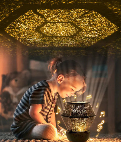 Children's rotating star projector night light showing blue, green, and yellow stars projected on a ceiling.