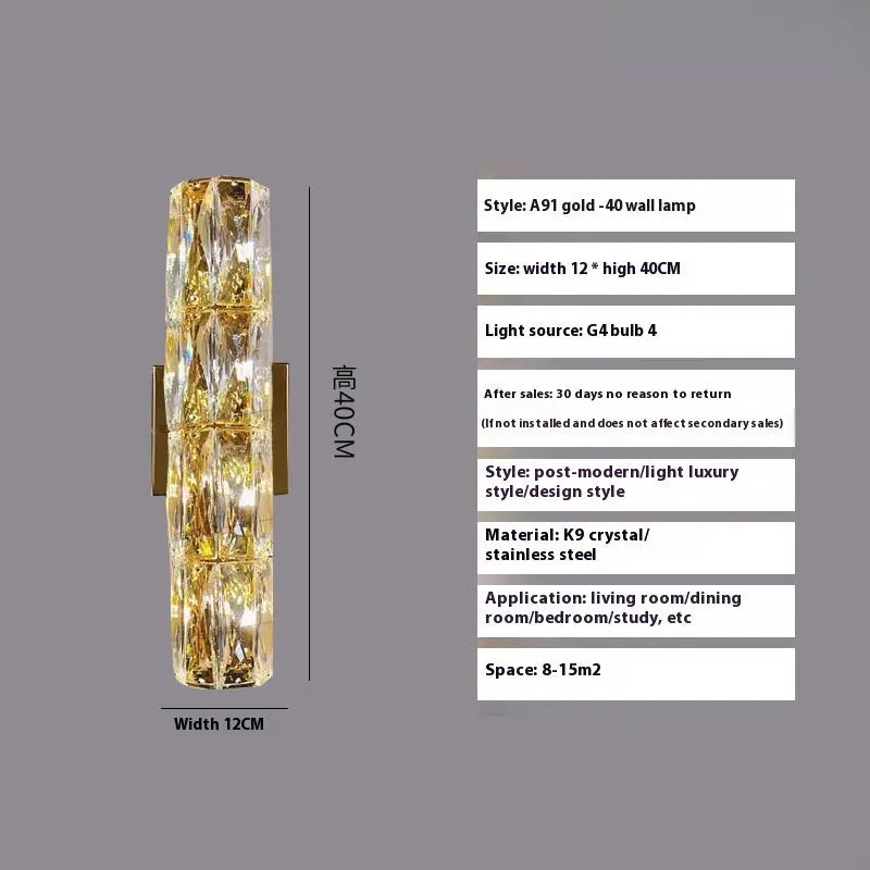 Silver or gold linear crystal wall lamp with LED lighting in various lengths for hallway or bedroom.