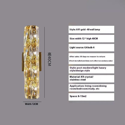 Silver or gold linear crystal wall lamp with LED lighting in various lengths for hallway or bedroom.