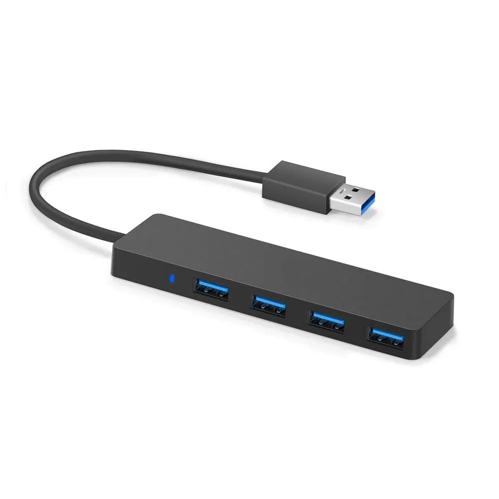 Black USB 3.0 hub with four ports, 30cm cable, and LED connection indicators