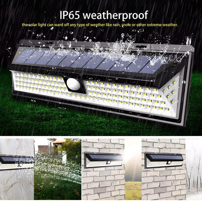 118 LED solar PIR motion sensor outdoor light in cold white, 295x105x50mm ABS build with 4400 mAh battery