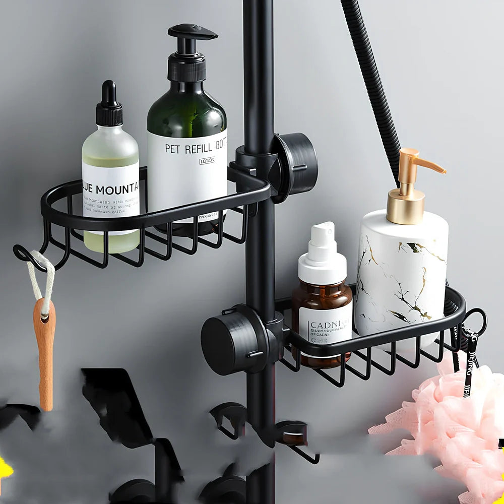 Elegant black aluminium shower storage rack, 12cm deep single shelf mounted on bathroom tile, holding shampoo bottles securely without drilling