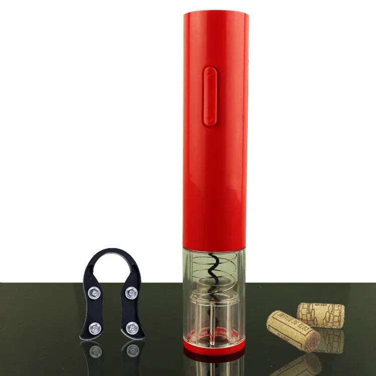 Black automatic electric wine opener with foil cutter showing battery compartment and cork removal mechanism