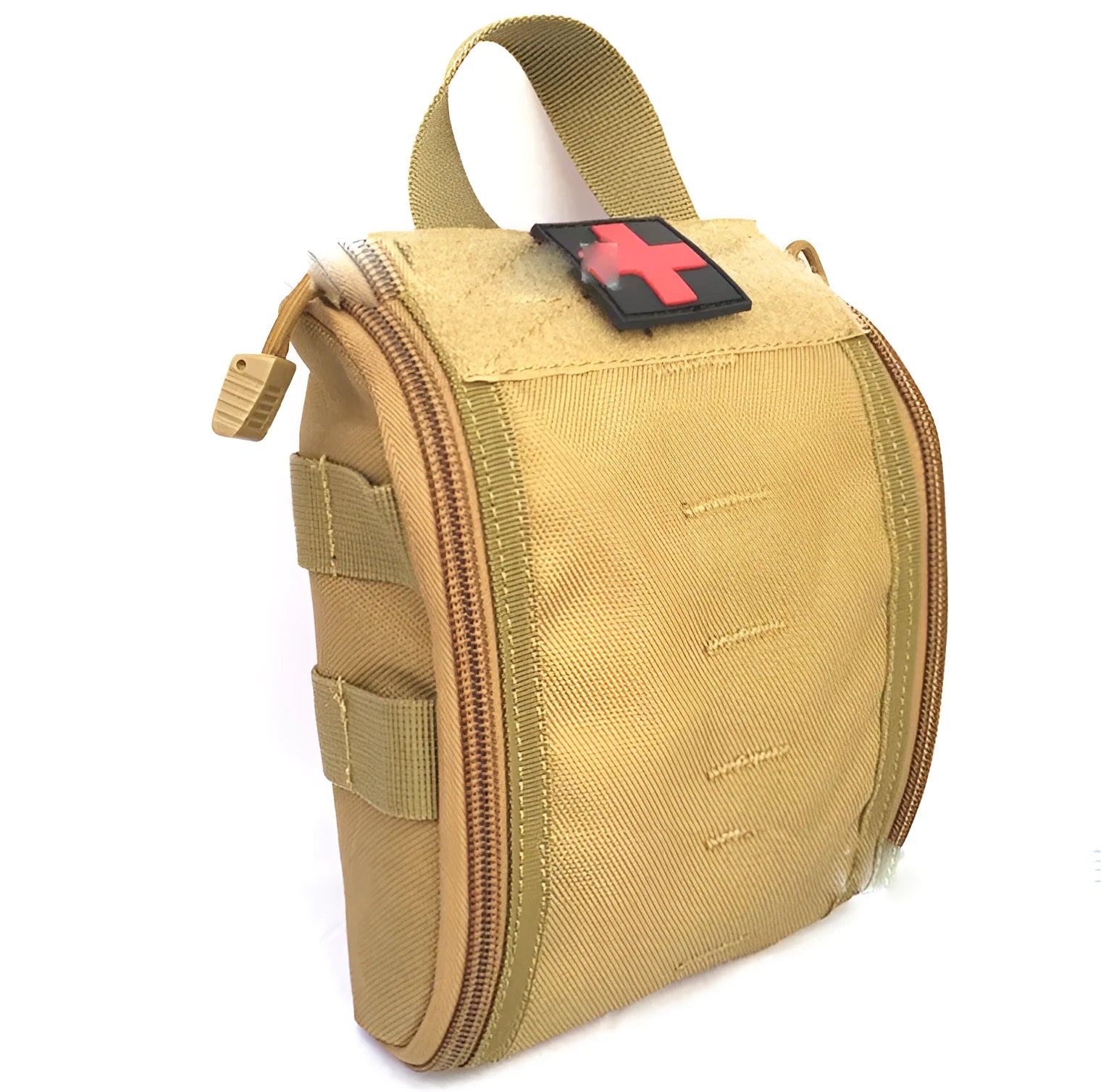 Tactical medical first aid kit open showing gauze, bandages, thermometer, and medicines for outdoor camping.
