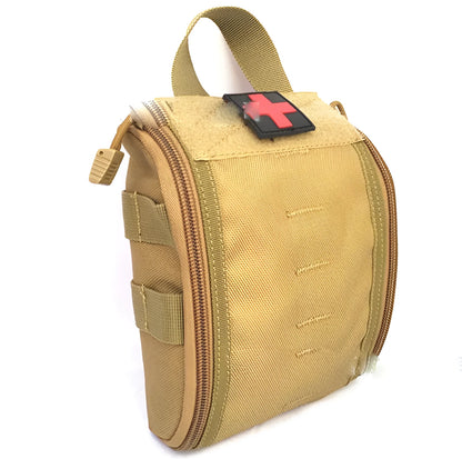 Tactical medical first aid kit open showing gauze, bandages, thermometer, and medicines for outdoor camping.
