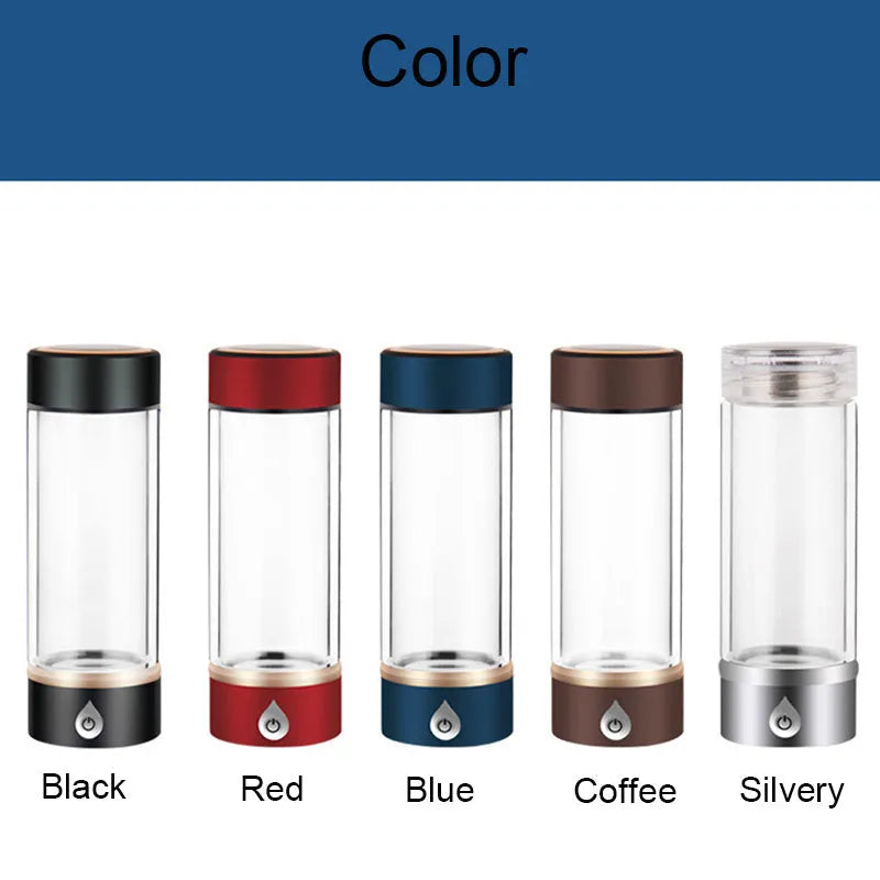 Portable hydrogen water ionizer bottle with high borosilicate glass cup in silver finish.