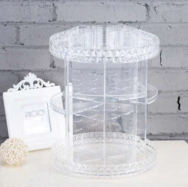 Rotating makeup organizer with detachable drawers in various finishes, including white, black, and transparent options