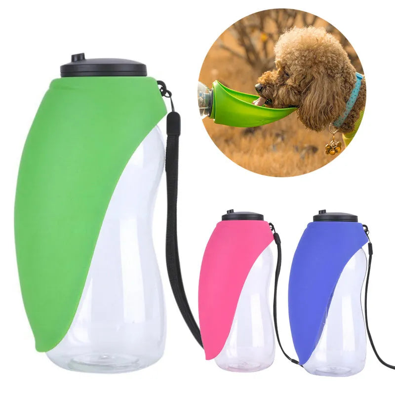 Blue portable pet water bottle with drinking bowl for dogs, showing 680ml capacity and hanging attachment