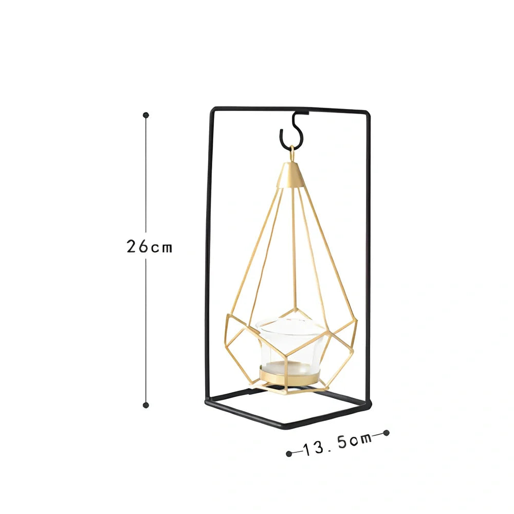 Geometric wrought iron candle holder with angular design, 25cm height and 15cm base diameter