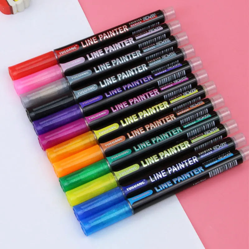 Set of 12 double line metal body pens in various colours for card making and marking