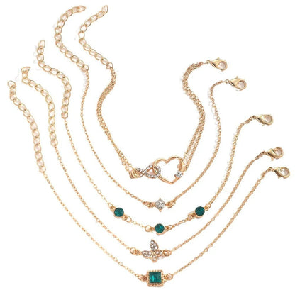 Bohemian 5-piece green crystal bracelets set for women featuring a unique heart design