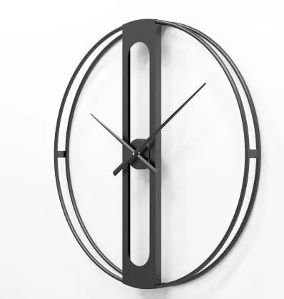 Large round metal wall clock with black finish showing analogue dial, 50cm in diameter.
