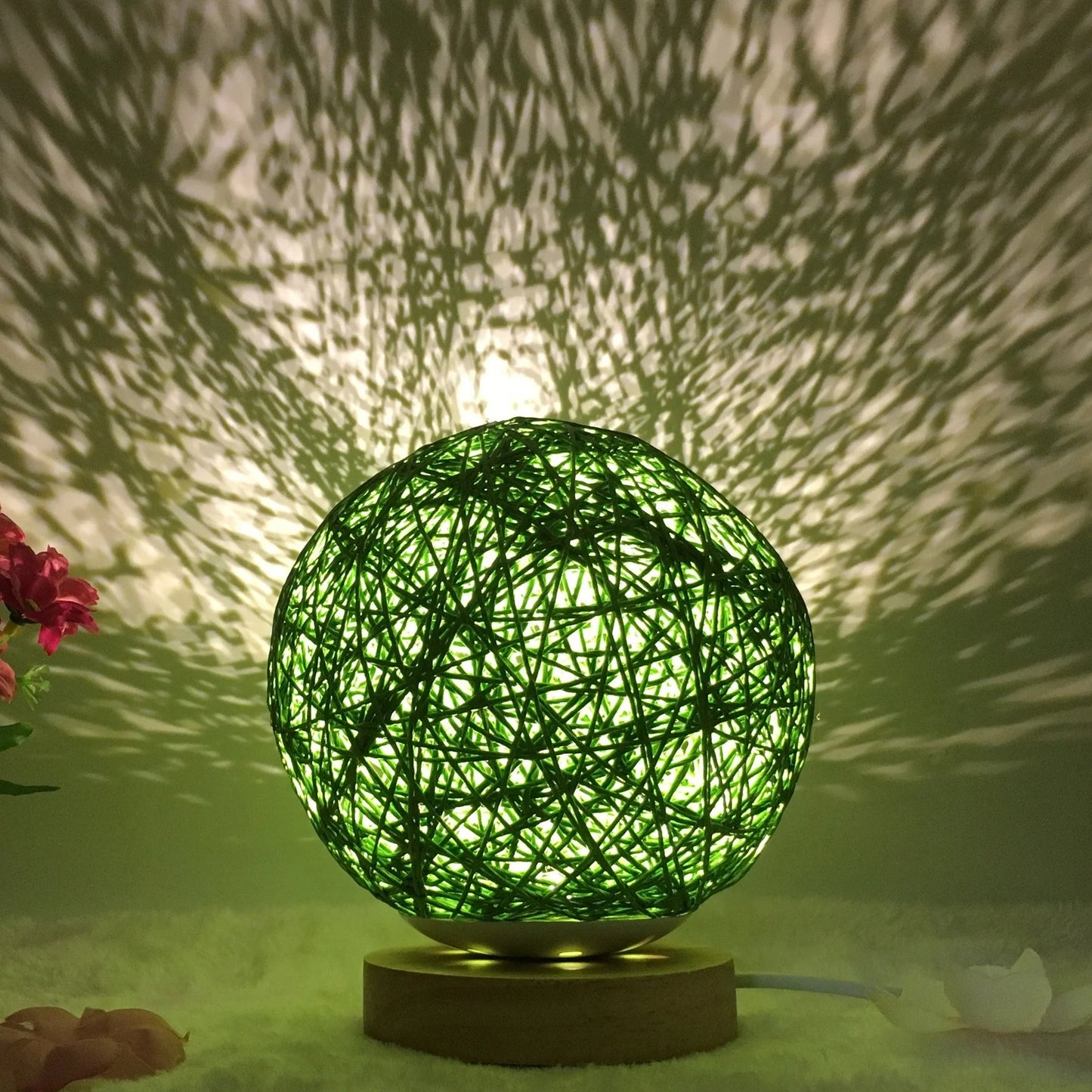 LED rattan table lamp with hand-knit linen shade in various colours