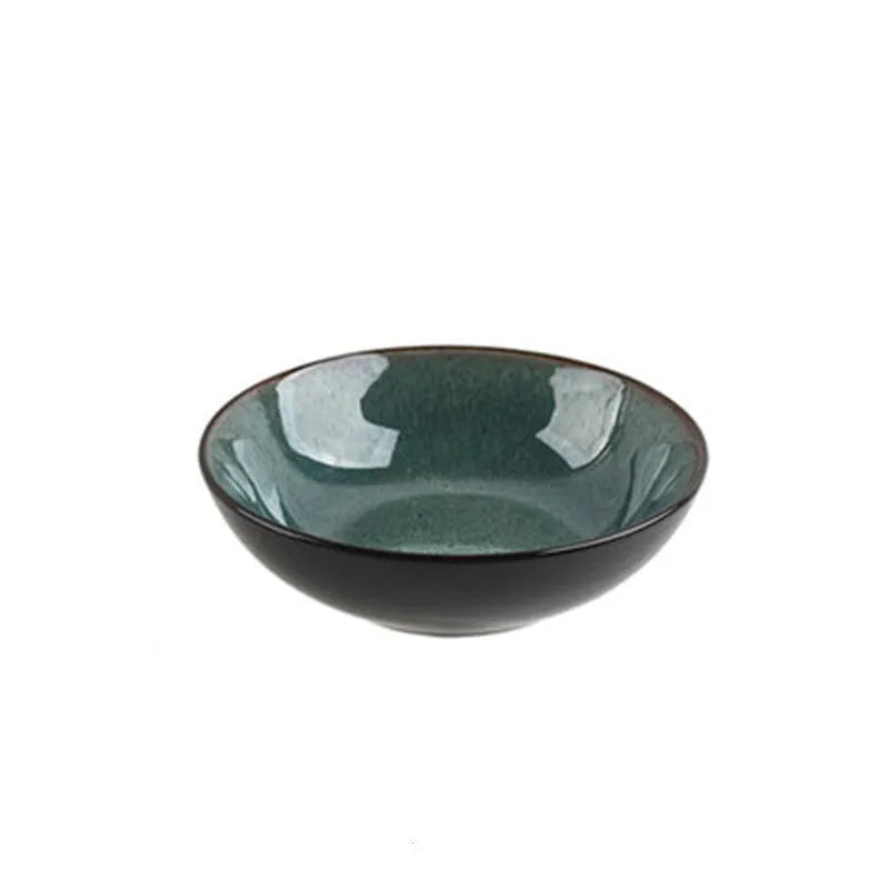 Retro European style porcelain bowls and plates set with round shape on dining table