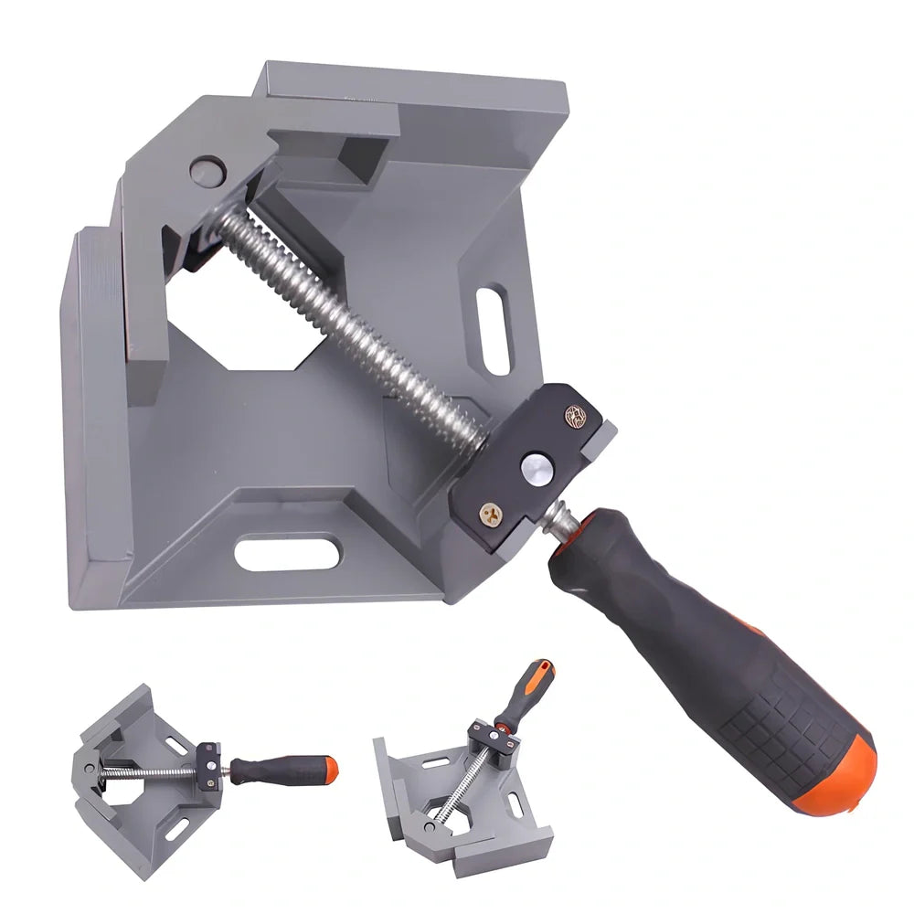 Corner Perfecter 90-degree right angle welding and woodworking fixture with adjustable jaws and rubber handle