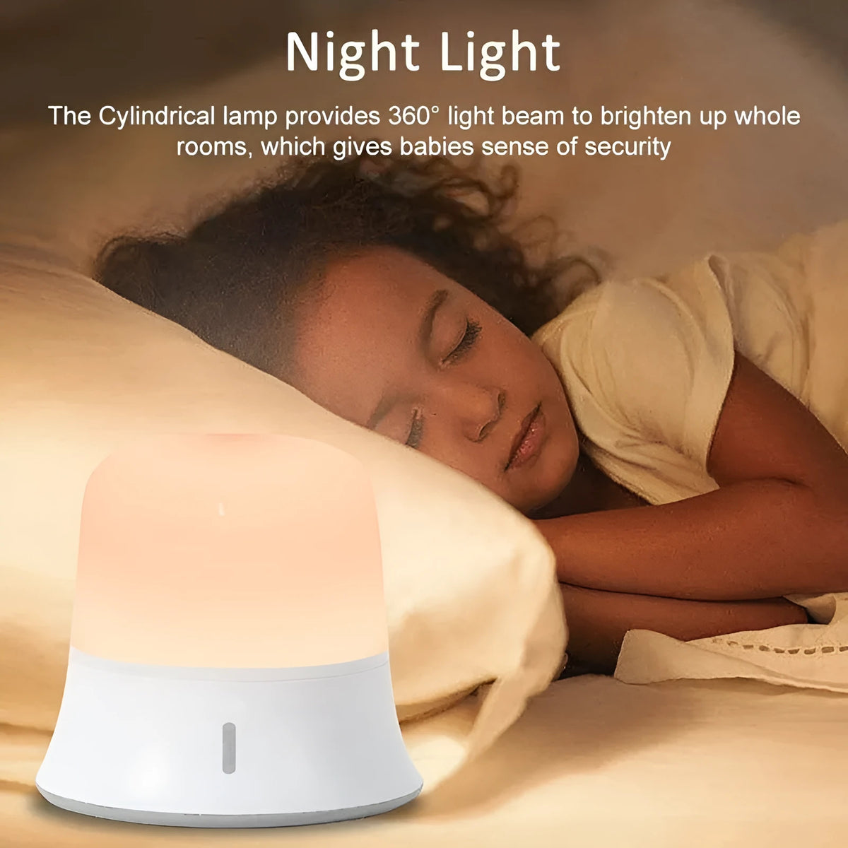 White rechargeable bedside night light with touch controls showing dimming and colour options