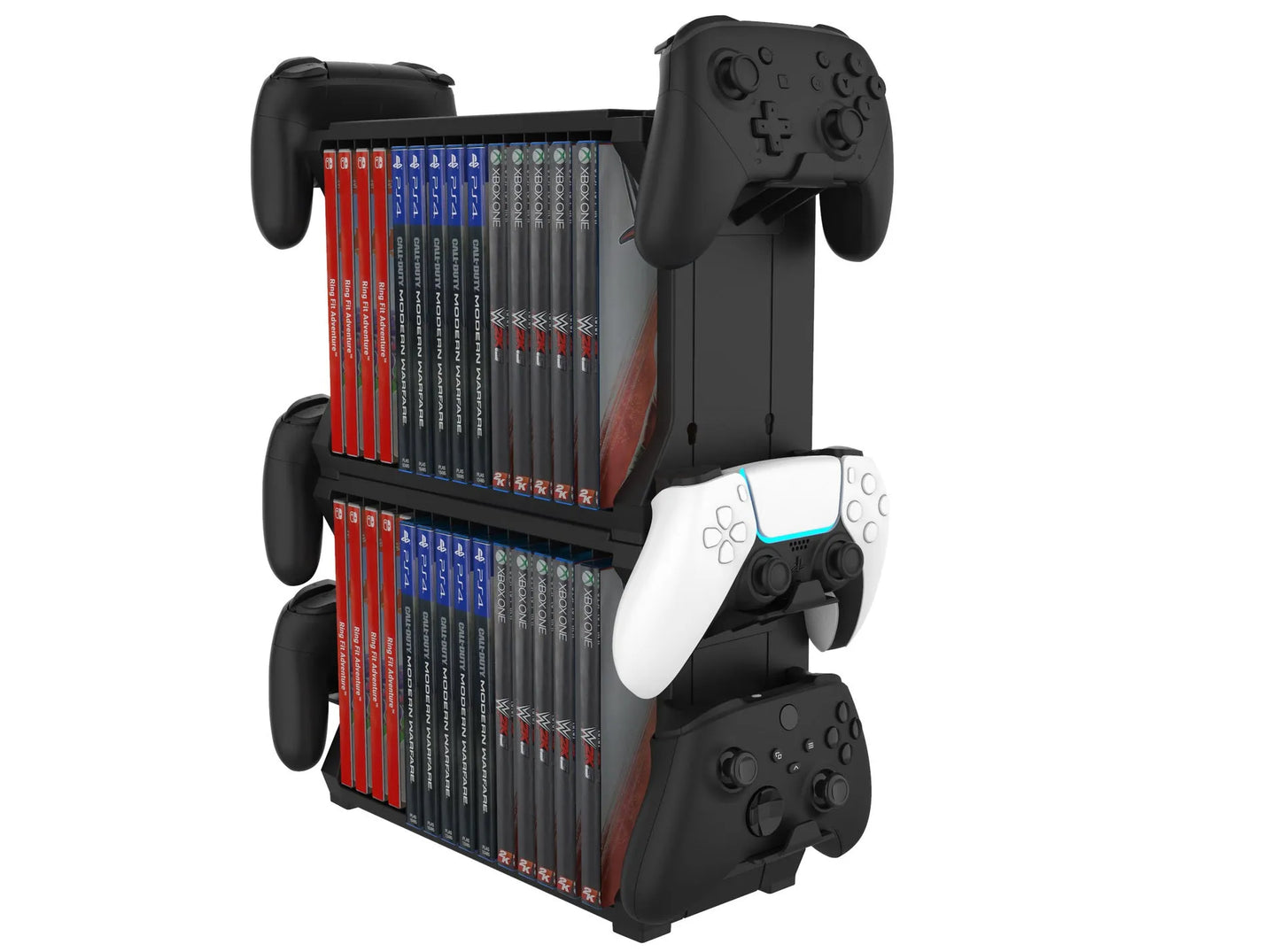 Black ABS PS5 disc holder with game slots and four controller storage compartments