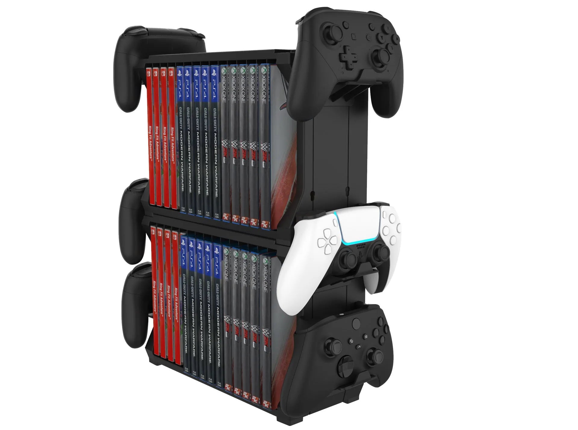 Black ABS PS5 disc holder with game slots and four controller storage compartments