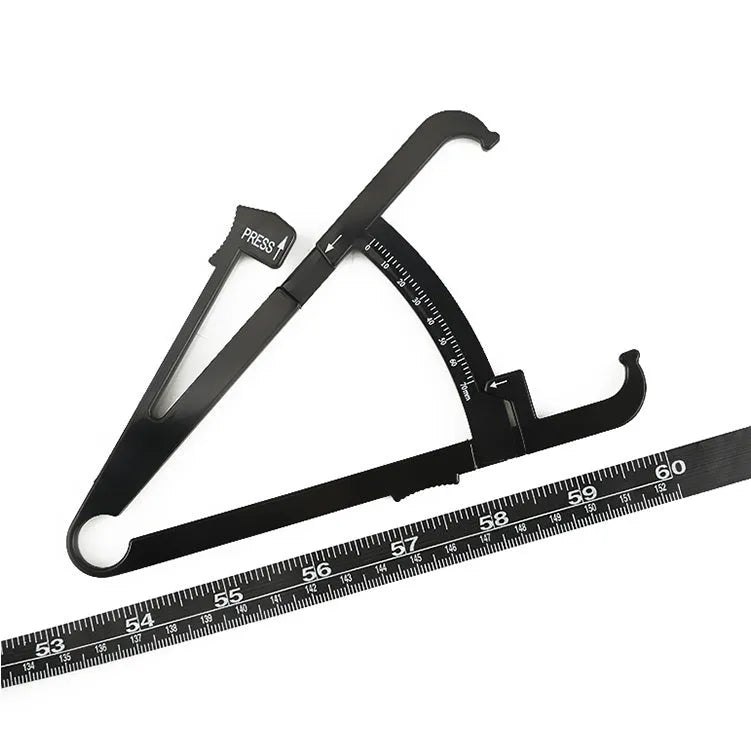 Black ABS body fat caliper measurement tool showing 0-70mm range scale