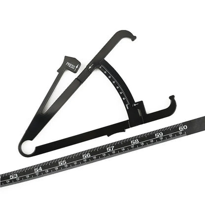 Black ABS body fat caliper measurement tool showing 0-70mm range scale