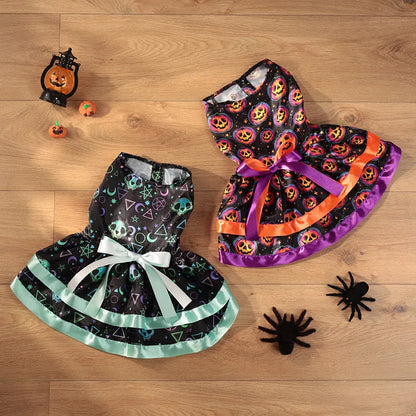 Halloween dog skirt with colourful pumpkin design, double-layer construction, elastic waistband on small dog
