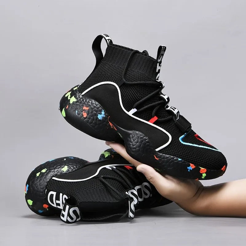 Men's camouflage pattern mesh sneakers with rubber sole, showing striped design and flat base for running