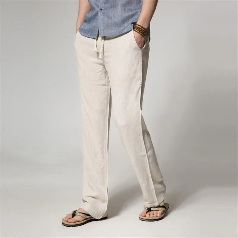 Men's straight leg casual trousers in cotton linen blend showing mid-waist design and straight leg opening