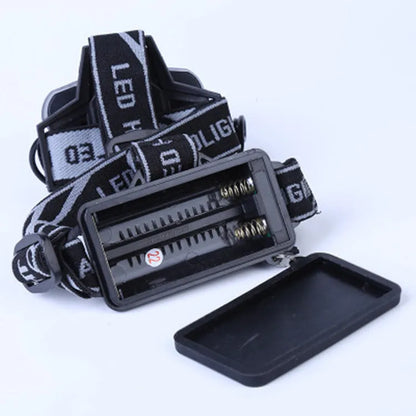 Fixed focus head-mounted outdoor camping light with long-range beam on a head strap.