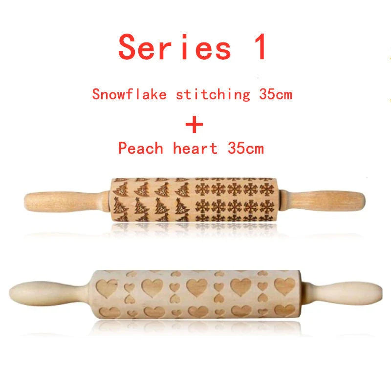 Festive rolling pin with embossed Christmas designs for easy imprinting on dough