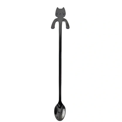 Stainless steel coffee spoon with cartoon cat handle showing hanging hole and smooth edges
