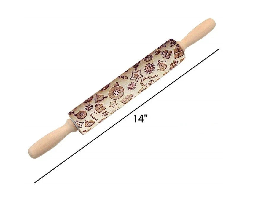 Festive rolling pin with embossed Christmas designs for easy imprinting on dough