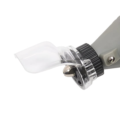 Transparent plastic safety horn cover for Delta angle grinder, showing clear shield and threaded port.