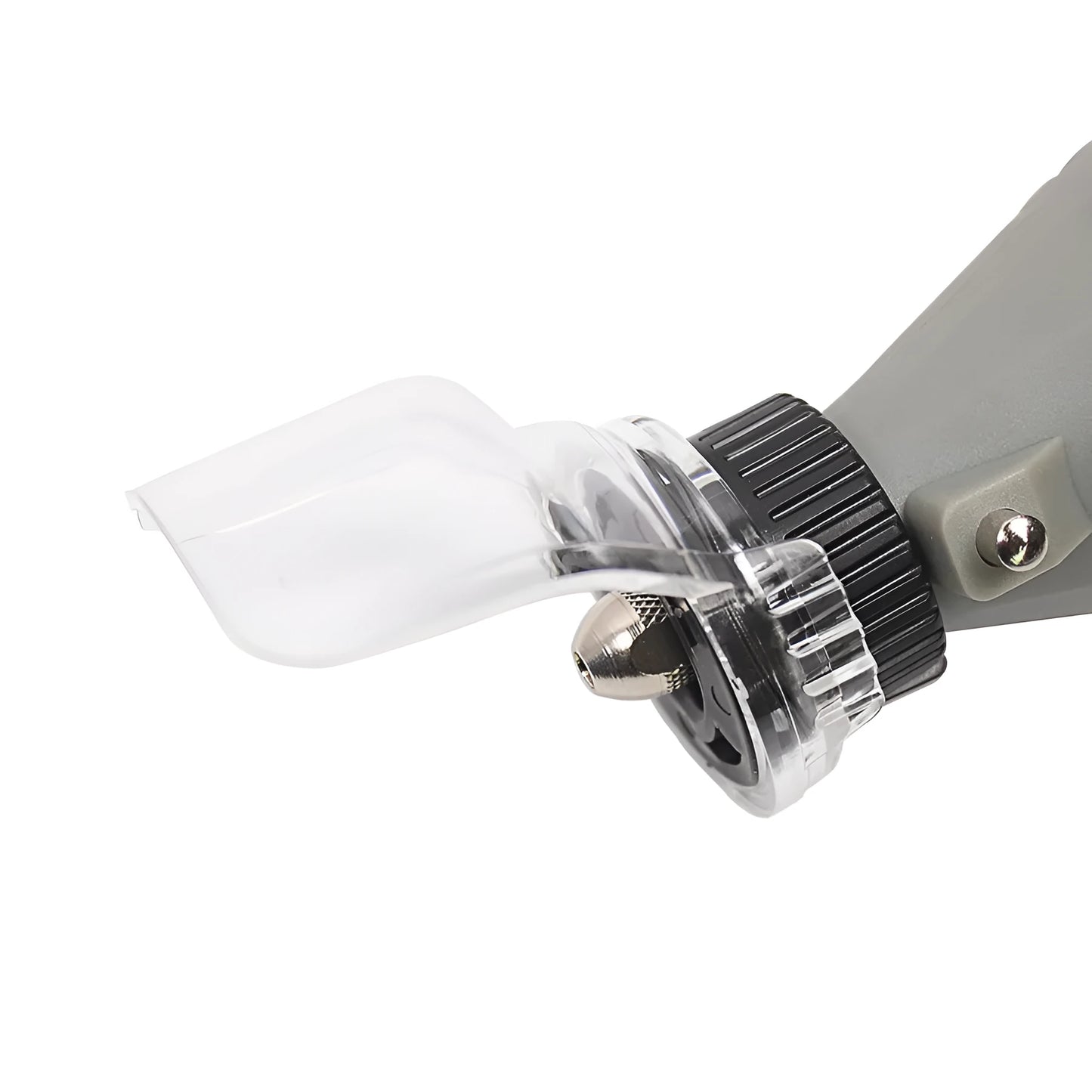 Clear plastic protective horn cover for Delta angle grinder thread port, shown against workshop background.
