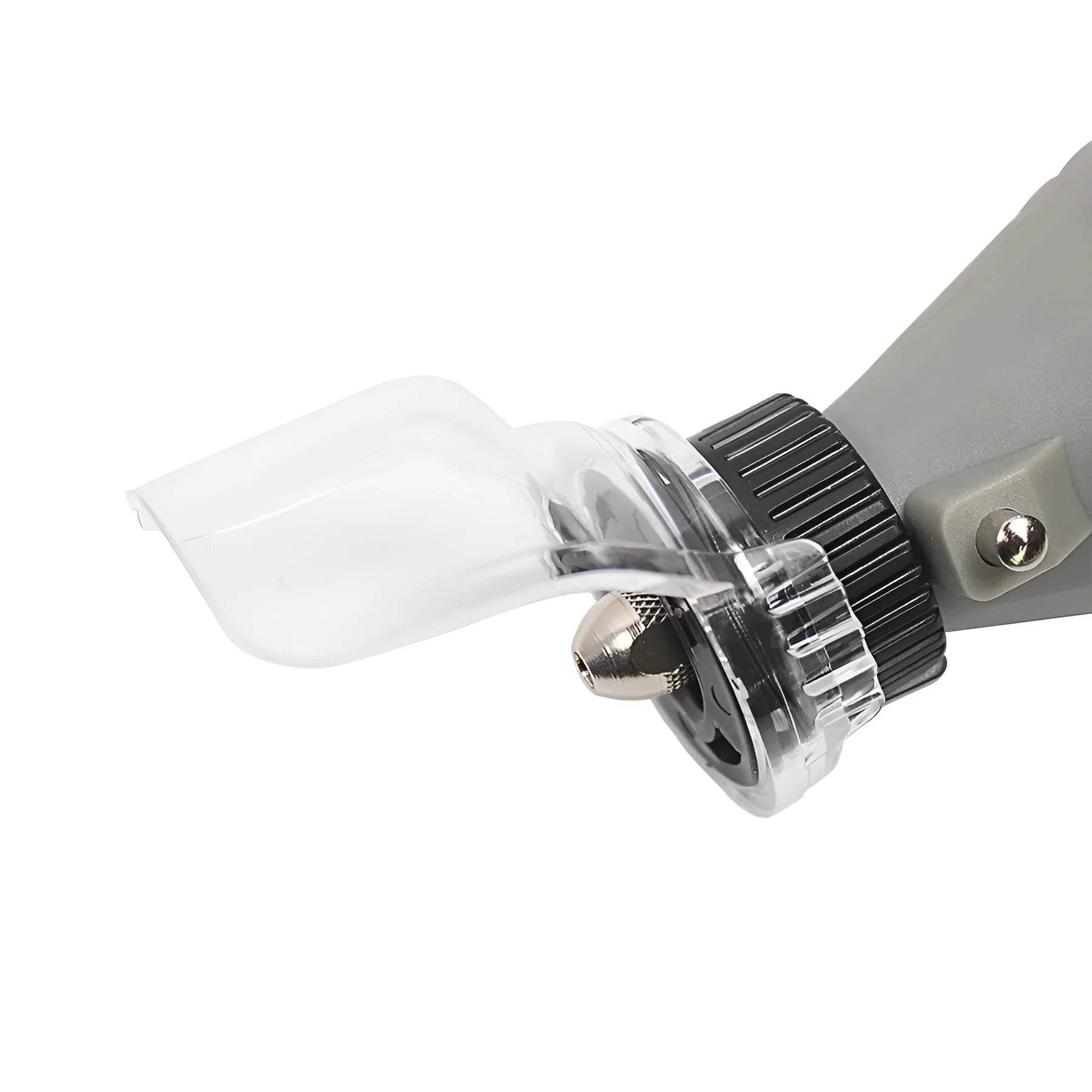 Clear plastic protective horn cover for Delta angle grinder thread port, shown against workshop background.
