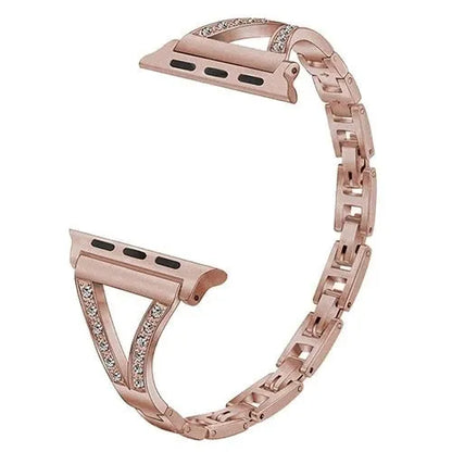 Diamond-studded stainless steel Apple Watch strap in black, gold, pink, rose gold, and white colour options