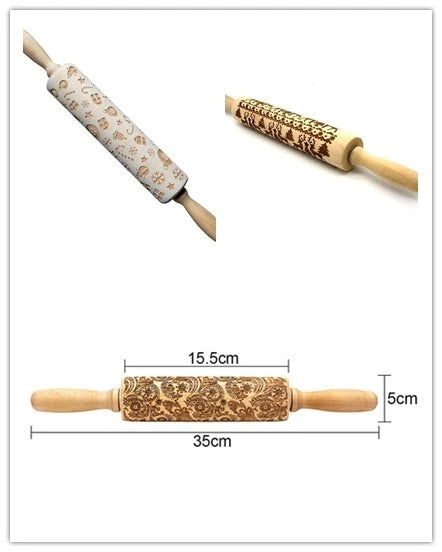 Festive rolling pin with embossed Christmas designs for easy imprinting on dough