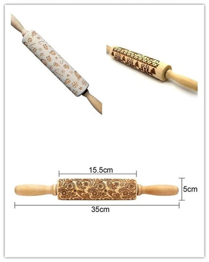 Festive rolling pin with embossed Christmas designs for easy imprinting on dough