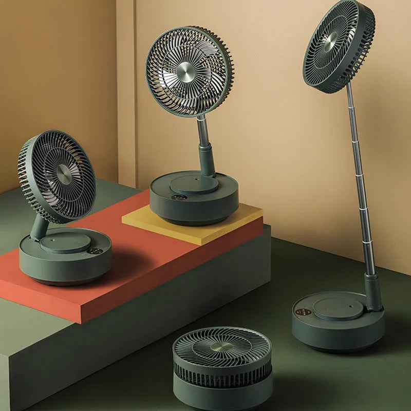 Green rechargeable floor fan with humidifier in extended position showing telescopic design
