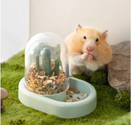 Cactus-shaped automatic hamster feeder with transparent food compartment in mint green colour